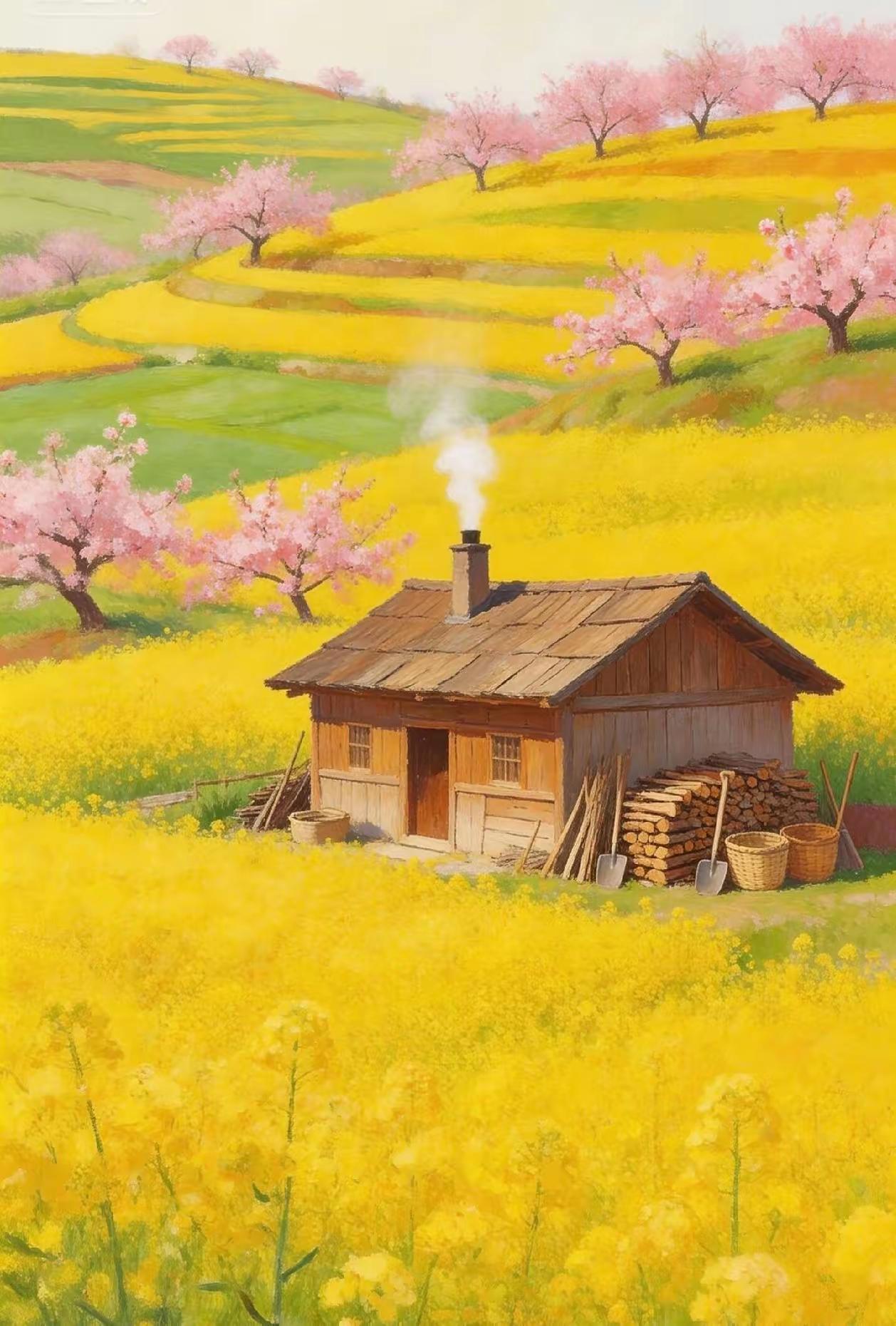 天净沙·春日村居
金浪堆云绕庐，
粉樱蘸坡凝朱，
软风漫逐炊烟。
宜人景色，
心