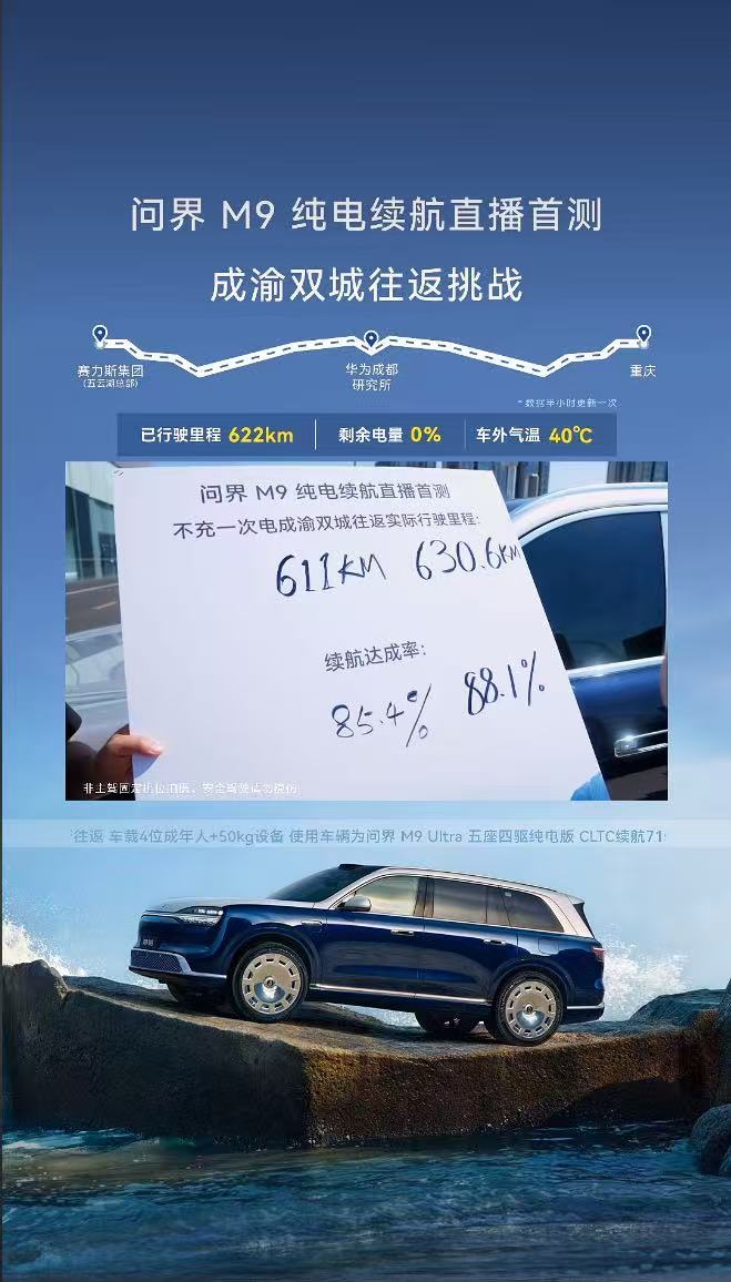 全新一代问界M9，成渝双城往返纯电续航直播挑战满载出行场景下，实测行驶611km