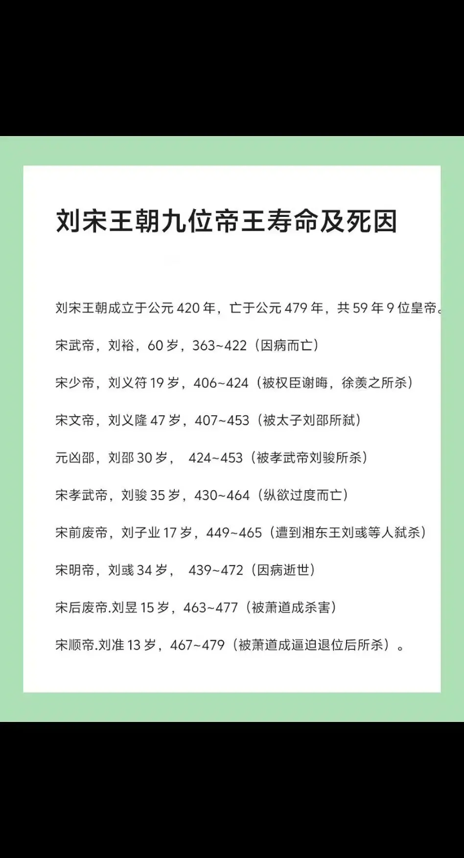 刘宋王朝共历9帝59年历史。刘宋王朝，只有宋武帝刘裕活了60岁是正常死...