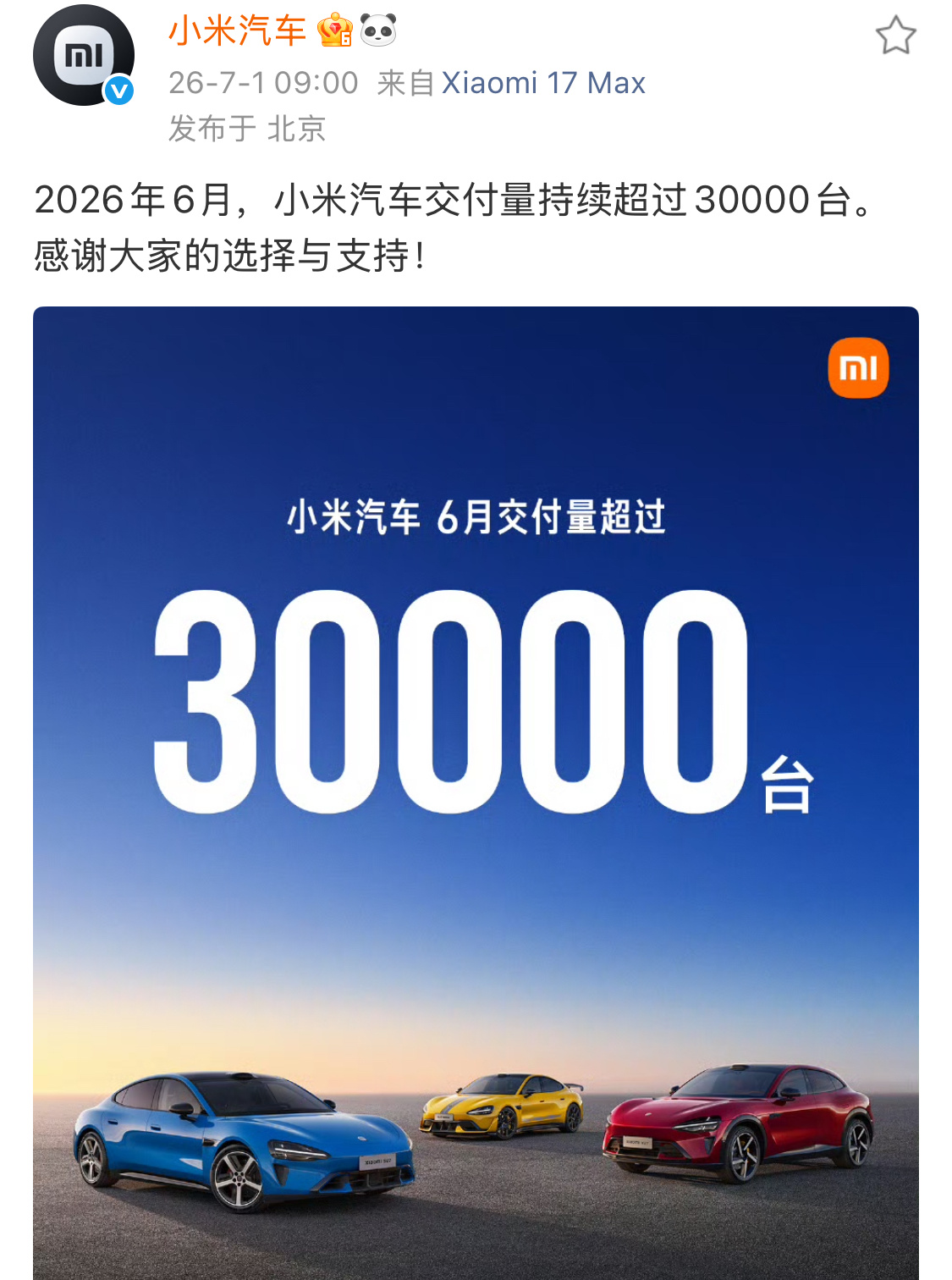 小米汽车6月交付超30000台米家销量还是猛的，连续三个月销量超3万台。在单价2