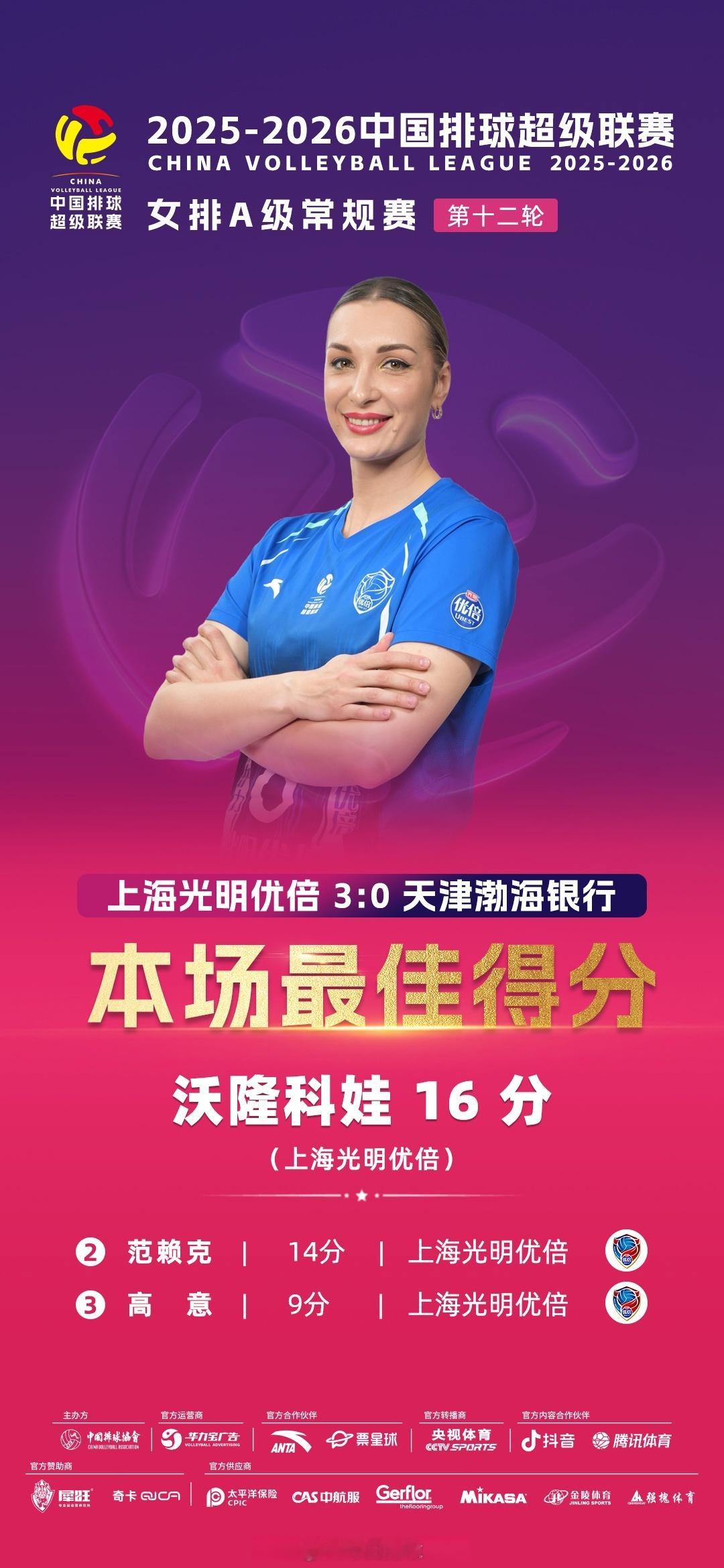 2025-2026中国女排超级联赛 A级常规赛第12轮焦点战 上海光明优倍3-0