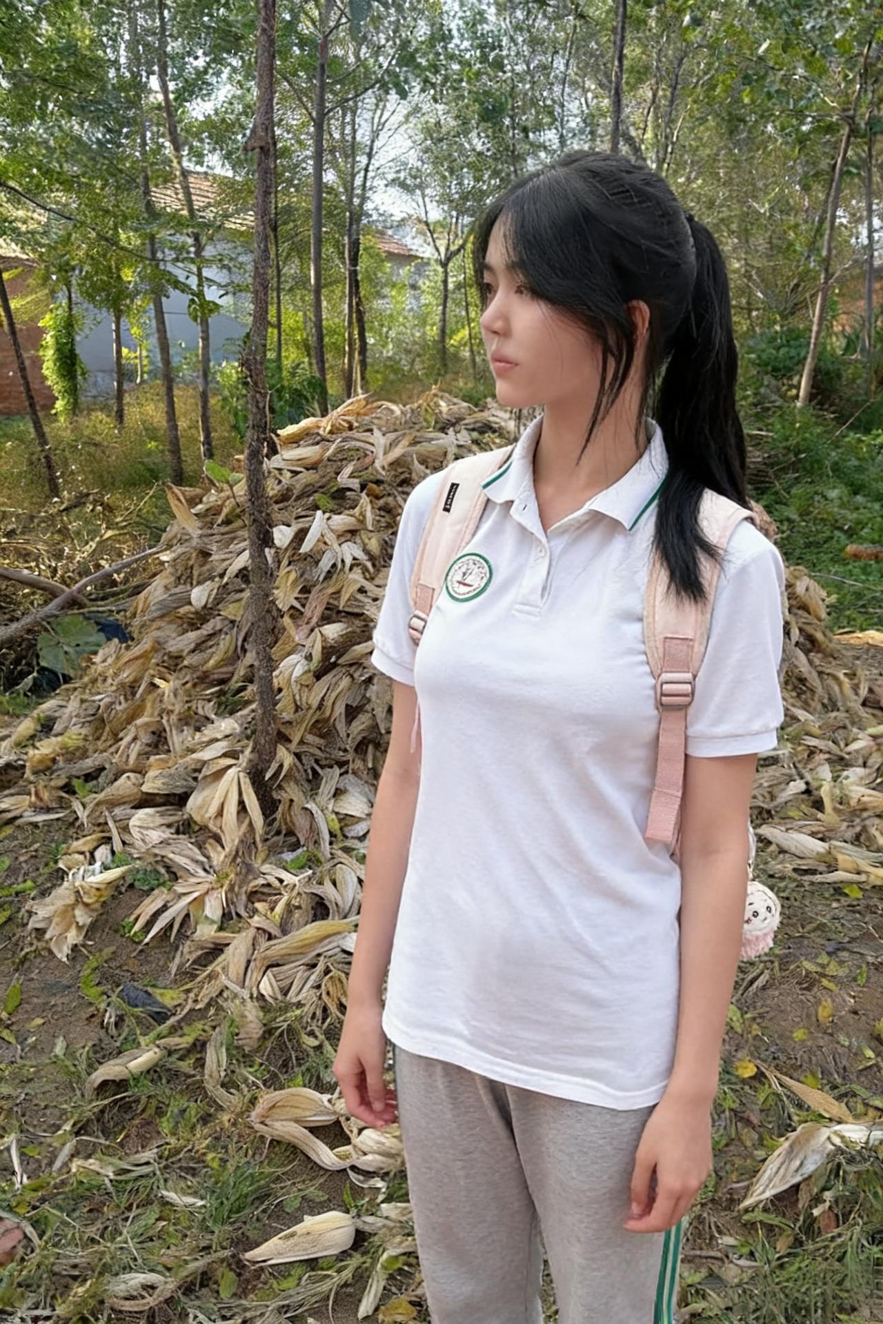 秆积堆黄覆野榛，白衫如雪立碧林。
风牵马尾轻摇处，晴光偷落少年身。