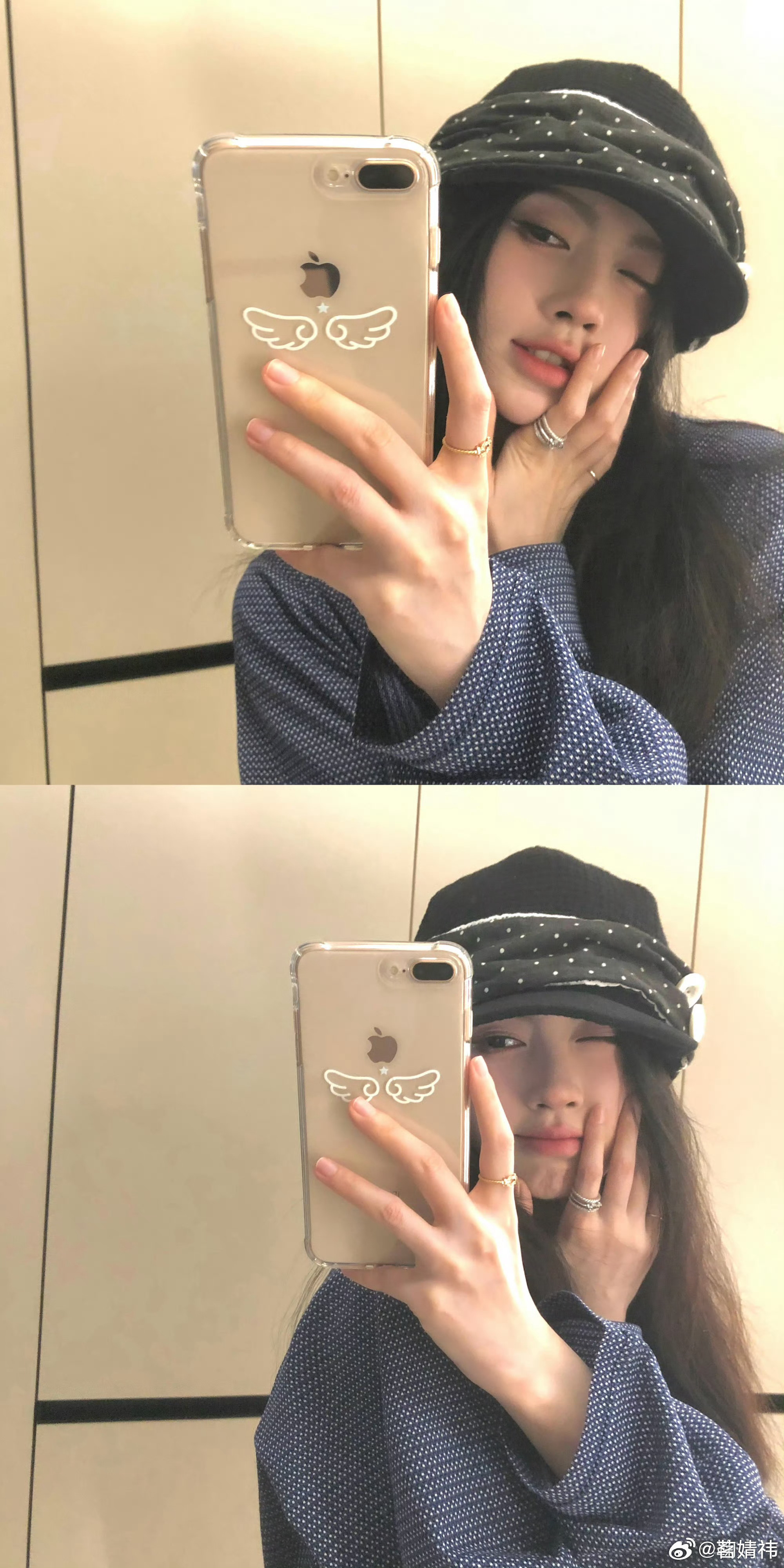 鞠婧祎反手对镜拍老婆好美~ 