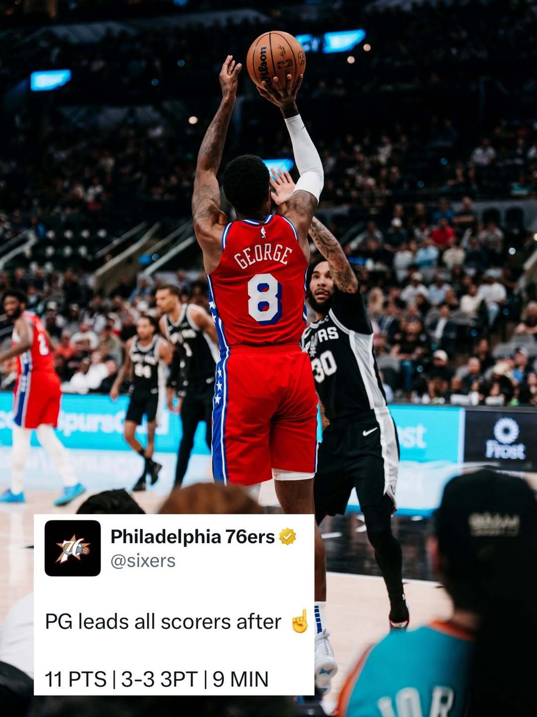 全场比赛结束：76人队客场102-115不敌马刺队，球队遭遇两连败！失准三节！乔