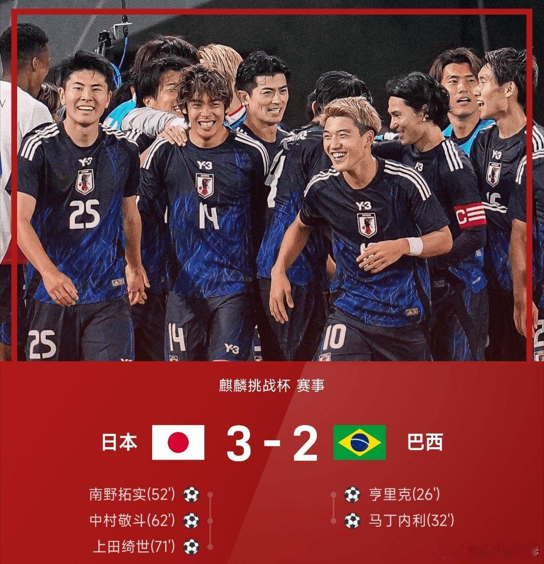 日本3比2巴西 25赛季麒麟挑战杯赛事，日本3-2战胜巴西。全场比赛，南野拓实、
