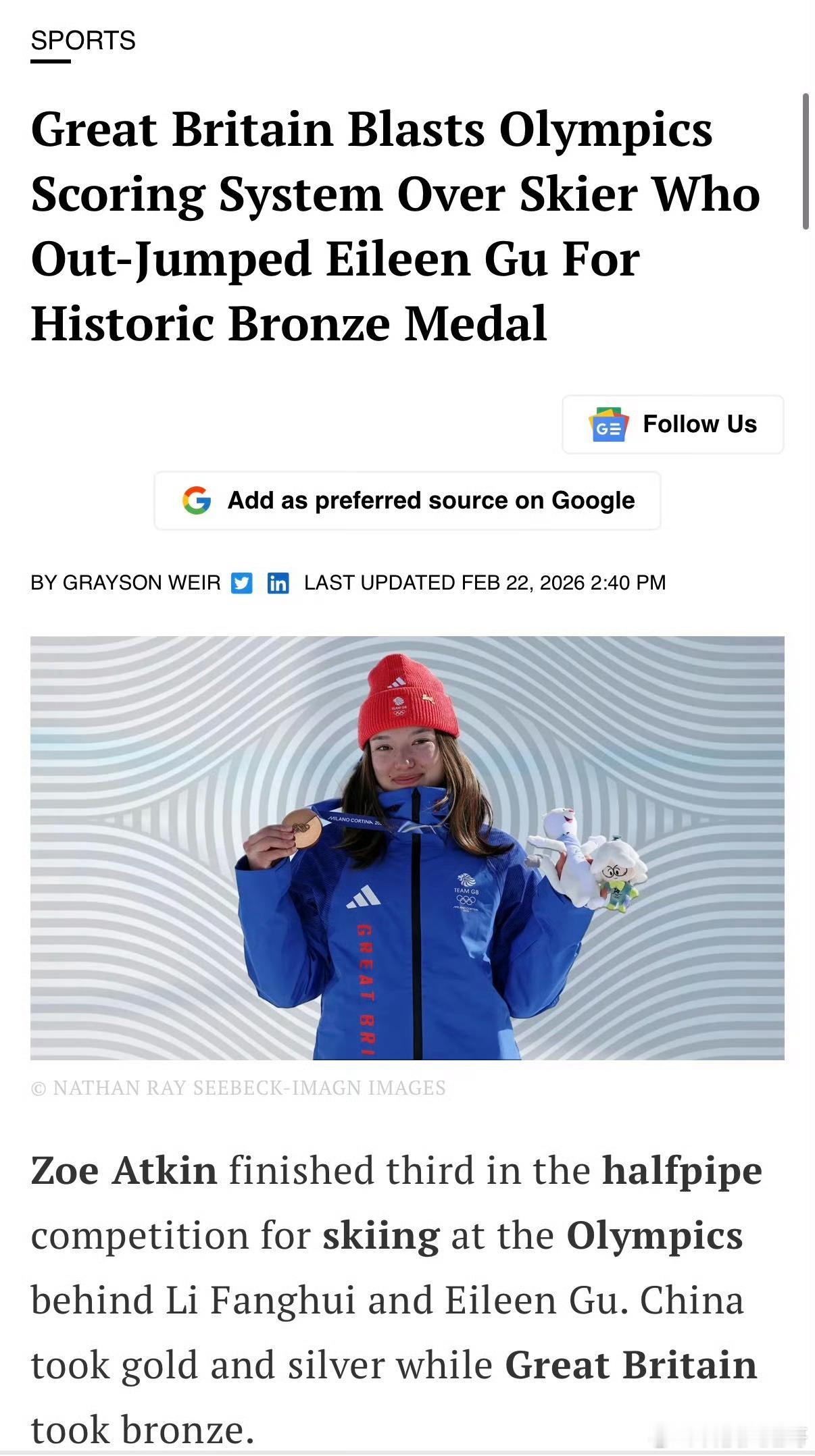 谷爱凌U槽卫冕英媒质疑打分 谷爱凌U槽卫冕太牛了！英媒质疑打分，说英国选手跳得更