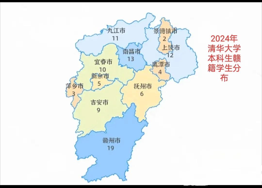 2024年清华大学在江西录取94名本科生。
其中赣州人数最多，19人。上饶排名第