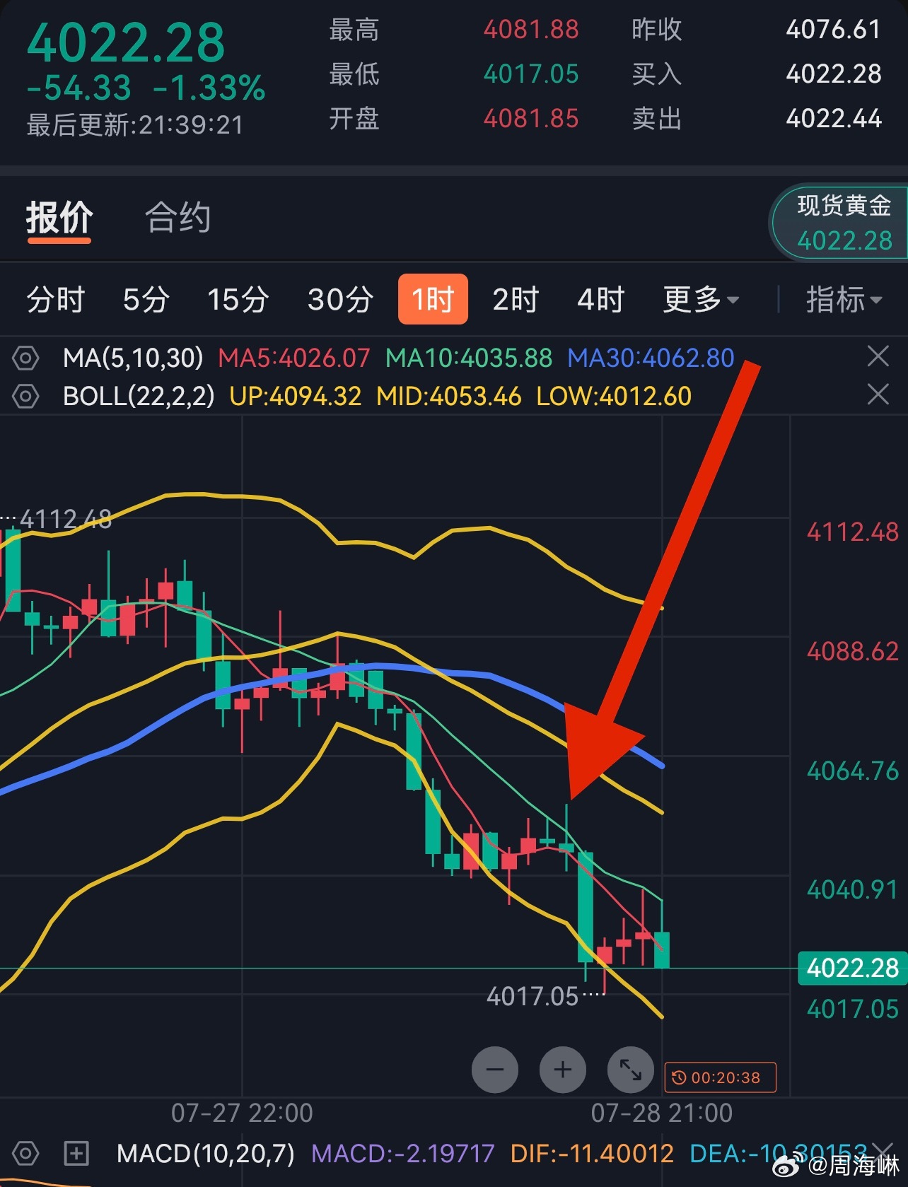 我说过，黄金要进一步震荡修正！你也有足够的机会去尝试回调，下午也走出了有效的反弹