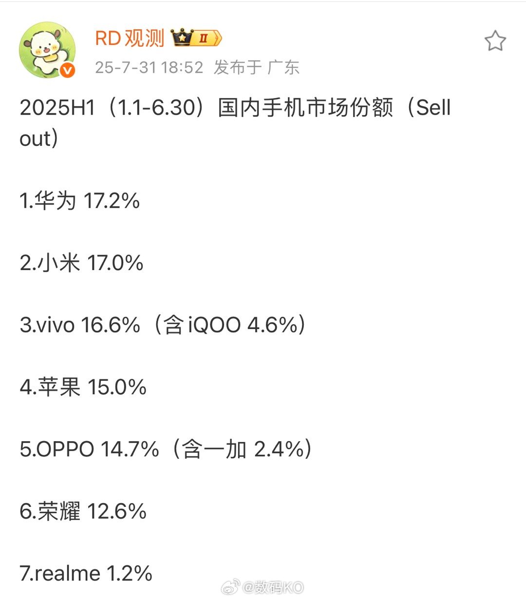 2025年上半年（1.1 - 6.30）国内手机市场份额（Sell out）前五