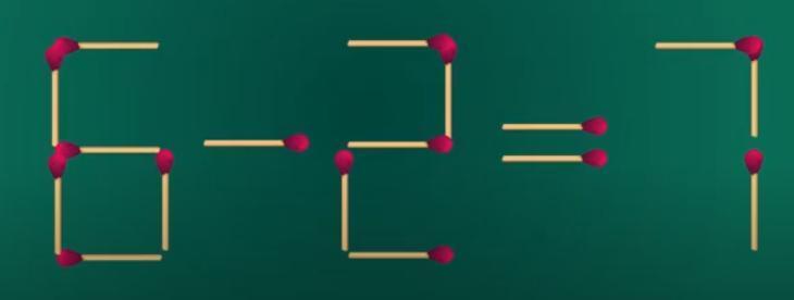 在这幅由火柴棒组成的等式“6 - 2 = 7”不成立。移动一根火柴棒来使等式成立