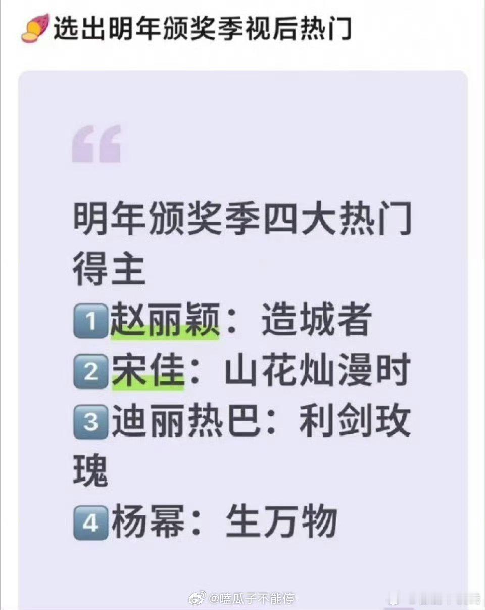 网友提名明年的视后热门：赵丽颖 宋佳 迪丽热巴 杨幂。 ​​​好激烈啊 ​​​