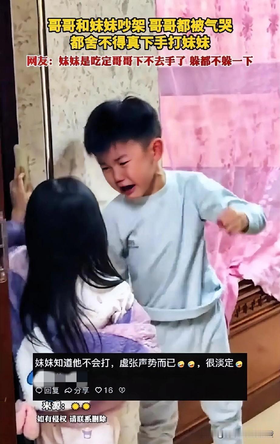 肯定不舍得！哥哥和妹妹不知道因为什么事吵了起来，气的哥哥都哭了，几次挥起拳头大声