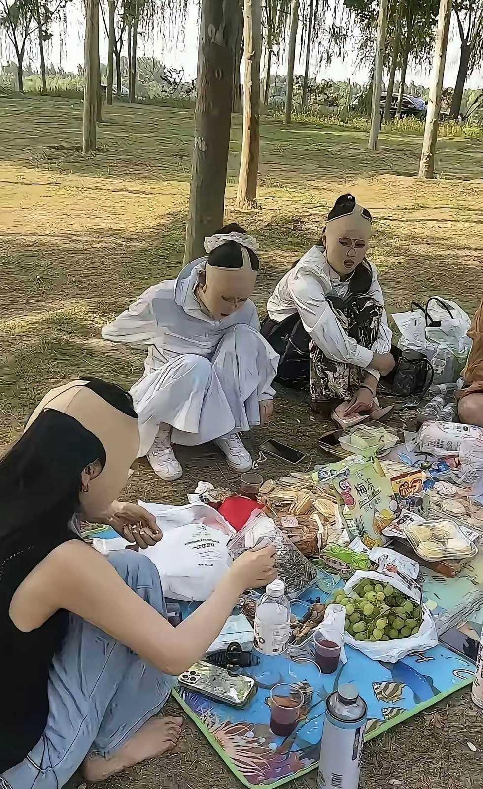 这是什么新式的野餐方式，每个人一个头套，难道现在连野餐也变成了，假面野餐活动，是