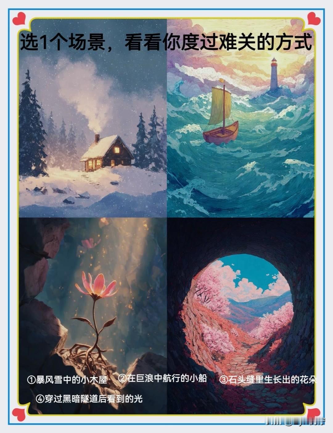 1暴风雪中的小木屋	2在巨浪中航行的小船	3石头缝里生长出的花朵	
4穿过黑暗隧