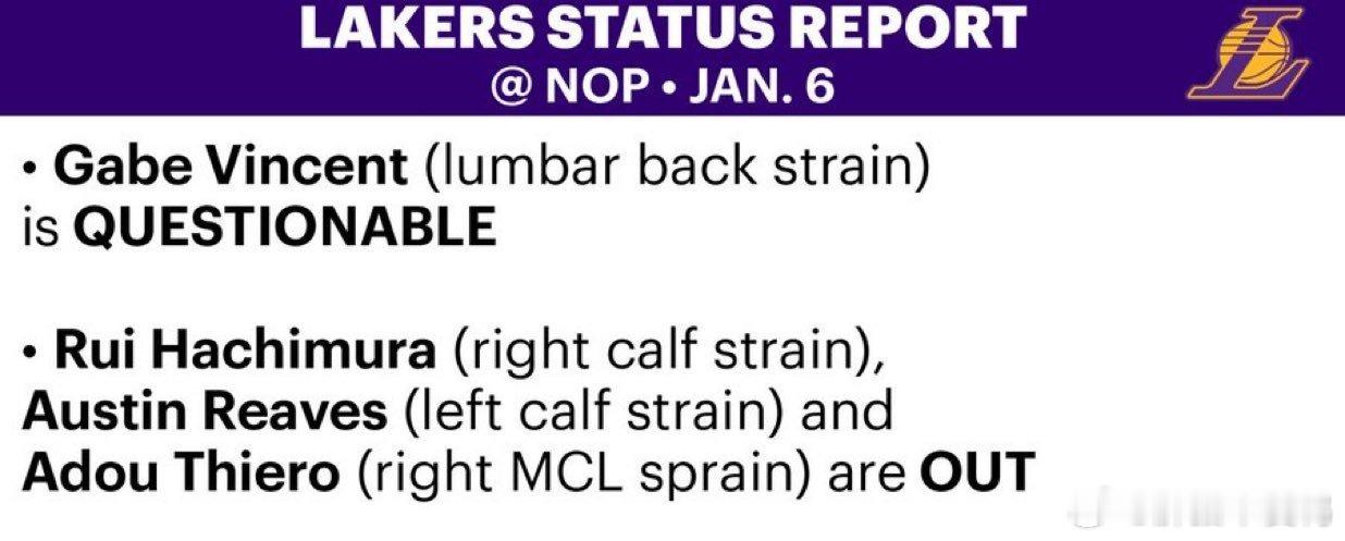 湖人鹈鹕明日伤病名单来了！鹈鹕大锁出战成疑！湖人收获一好消息！湖人这边——文森特