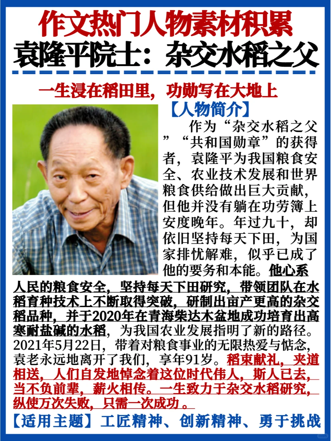 作文人物素材✅袁隆平院士｜一生浸在稻田里