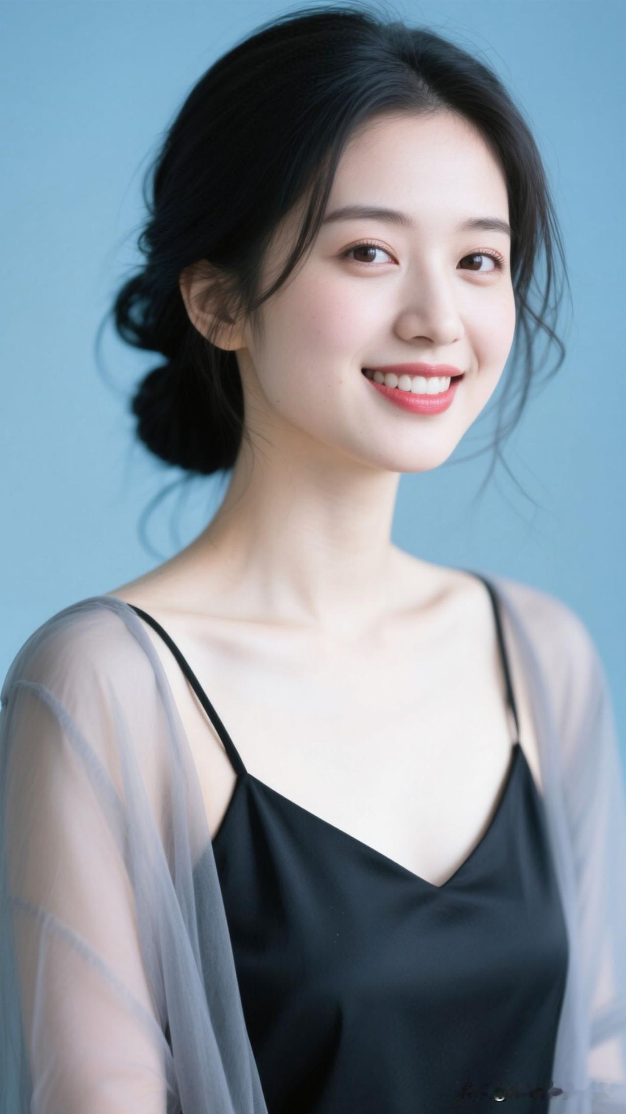 ✨ 冰蓝为底，纱是晕开的烟，黑裙盛着夜色的诗，她的存在就是月光下的朦胧遐想。淡雅