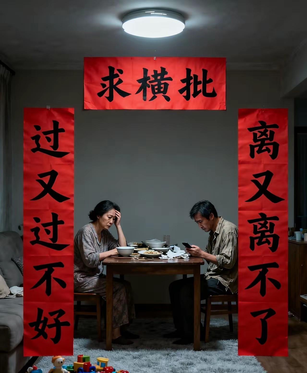 横批——得过且过，婚姻真是好奇怪，在婚姻外面的人一心❤️想进去，可是已经进驻在婚