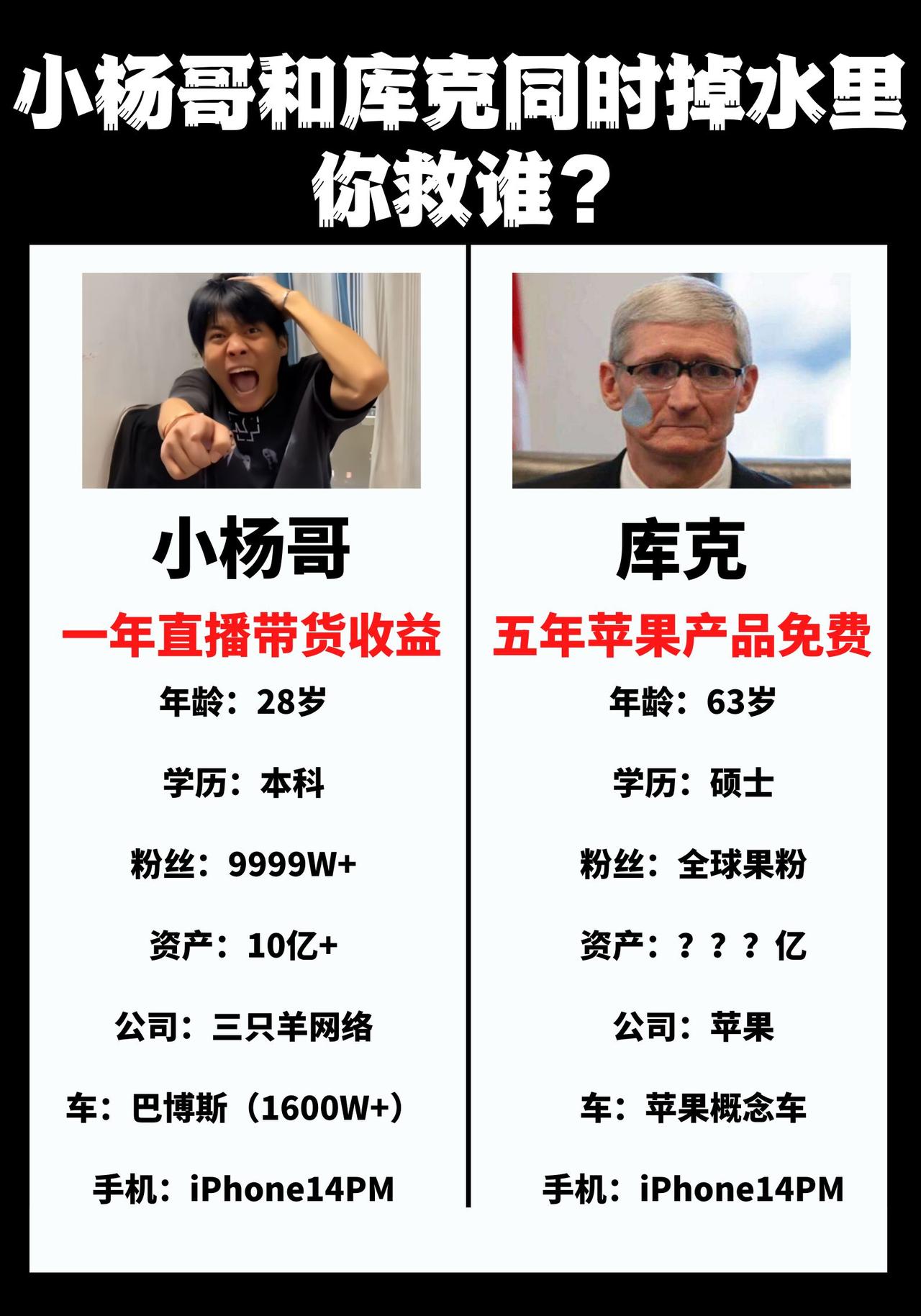 小杨哥和库克同时掉水里你救谁？情况假设：小杨哥给你一年的直播带货收益，库克给你五
