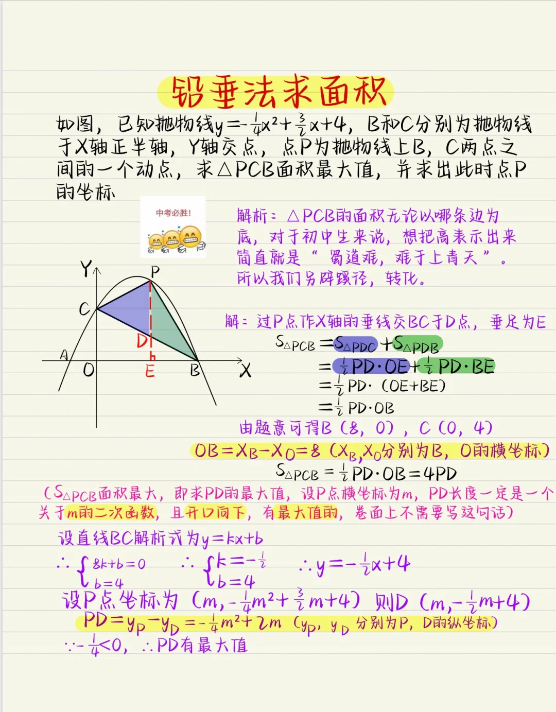 二次函数：铅垂法求面积，几何转化为函数问题