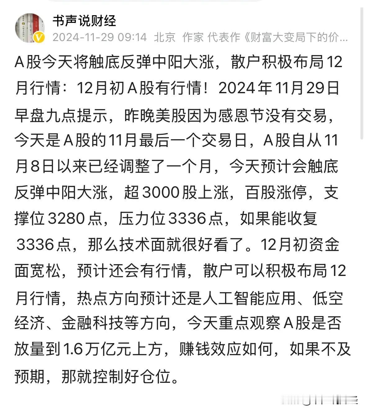 A股触底反弹中阳大涨收复3336点，12月A股不悲观继续牛市行情：唱空的做空的踏