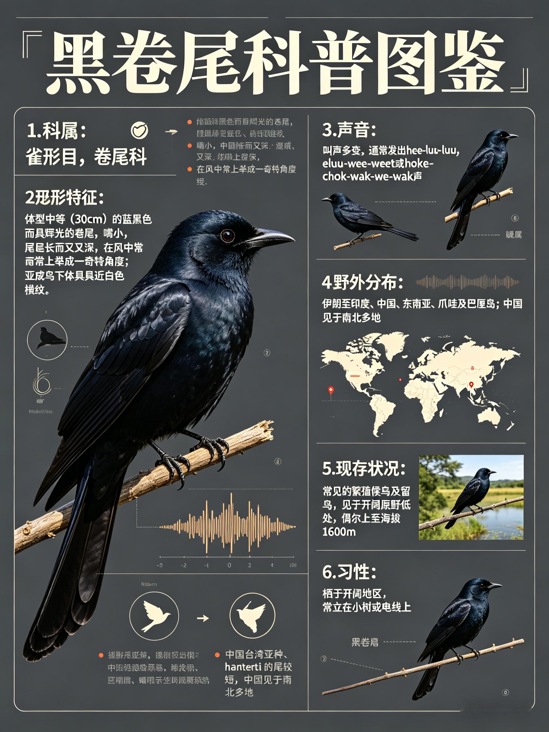鸟类朋友图鉴 黑卷尾·科属：雀形目，卷尾科。·外形特征：体型中等（30cm）的蓝