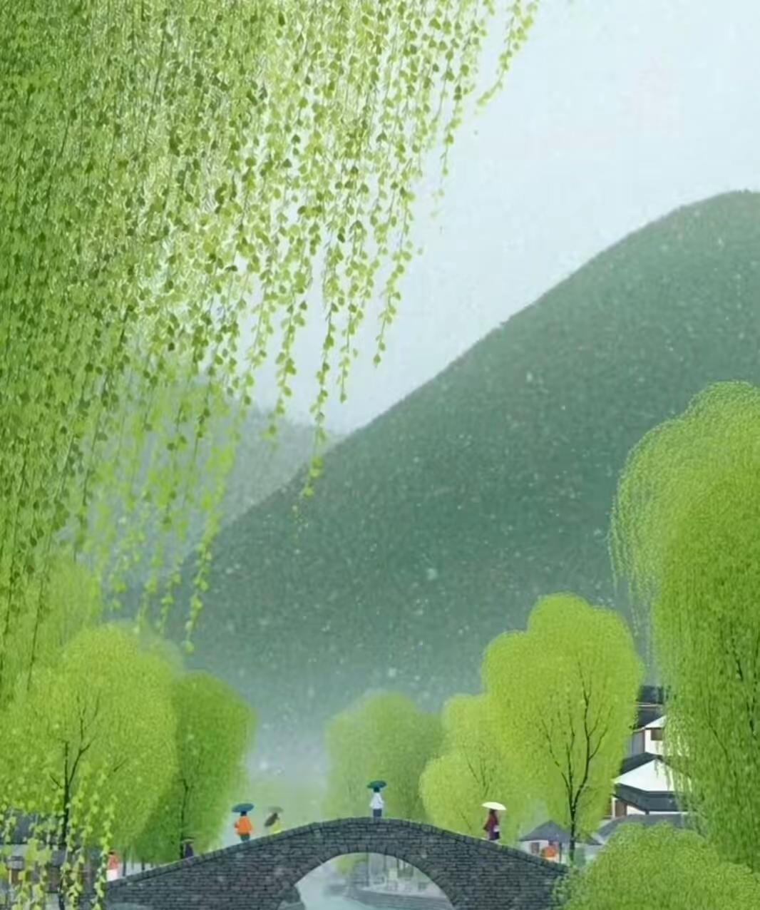 四块玉·雨景
柳线垂，丝绦挂。
细雨如纱润平洼。
小桥横跨清波画。
伞下人，慢步