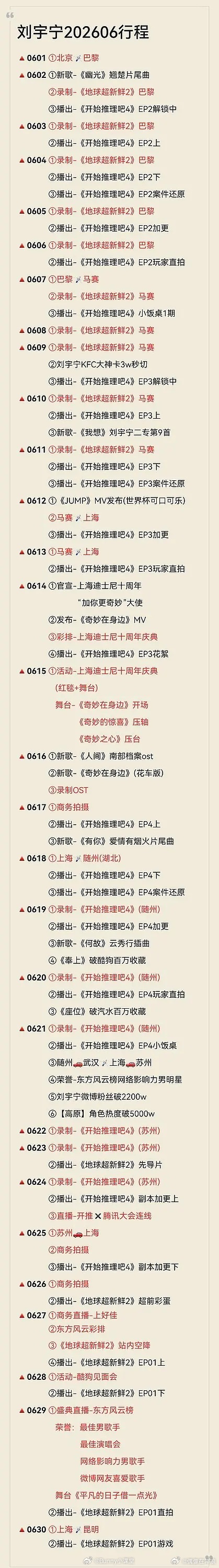 刘宇宁高精力人群刘宇宁六月兼顾舞台、录音、综艺、商务多重工作，时间分配拉满。单六