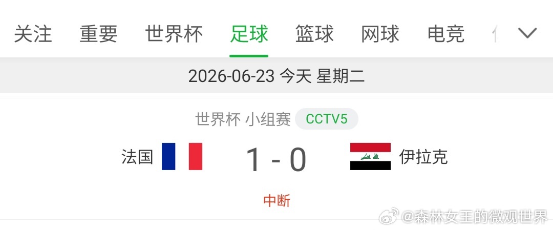 法国1比0伊拉克天气不给力的一场比赛，暴雨如注，被迫中断。 