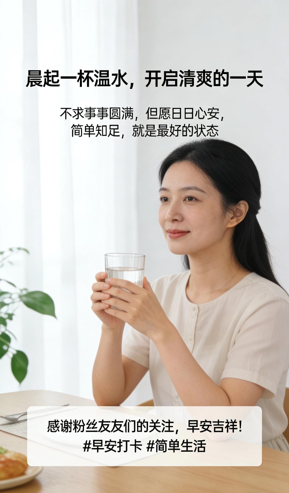 分享早上的祝福语晨起一杯温水，开启清爽的一天。不求事事圆满，但愿日日心安，简单知