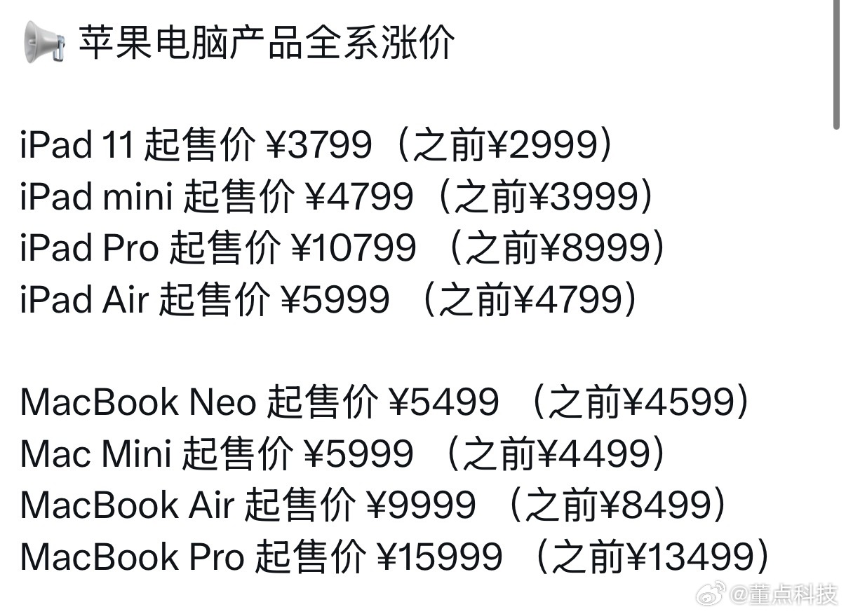 电脑去年7000今年12000刚核对完苹果官网，网传涨价清单居然全是真的，这次下