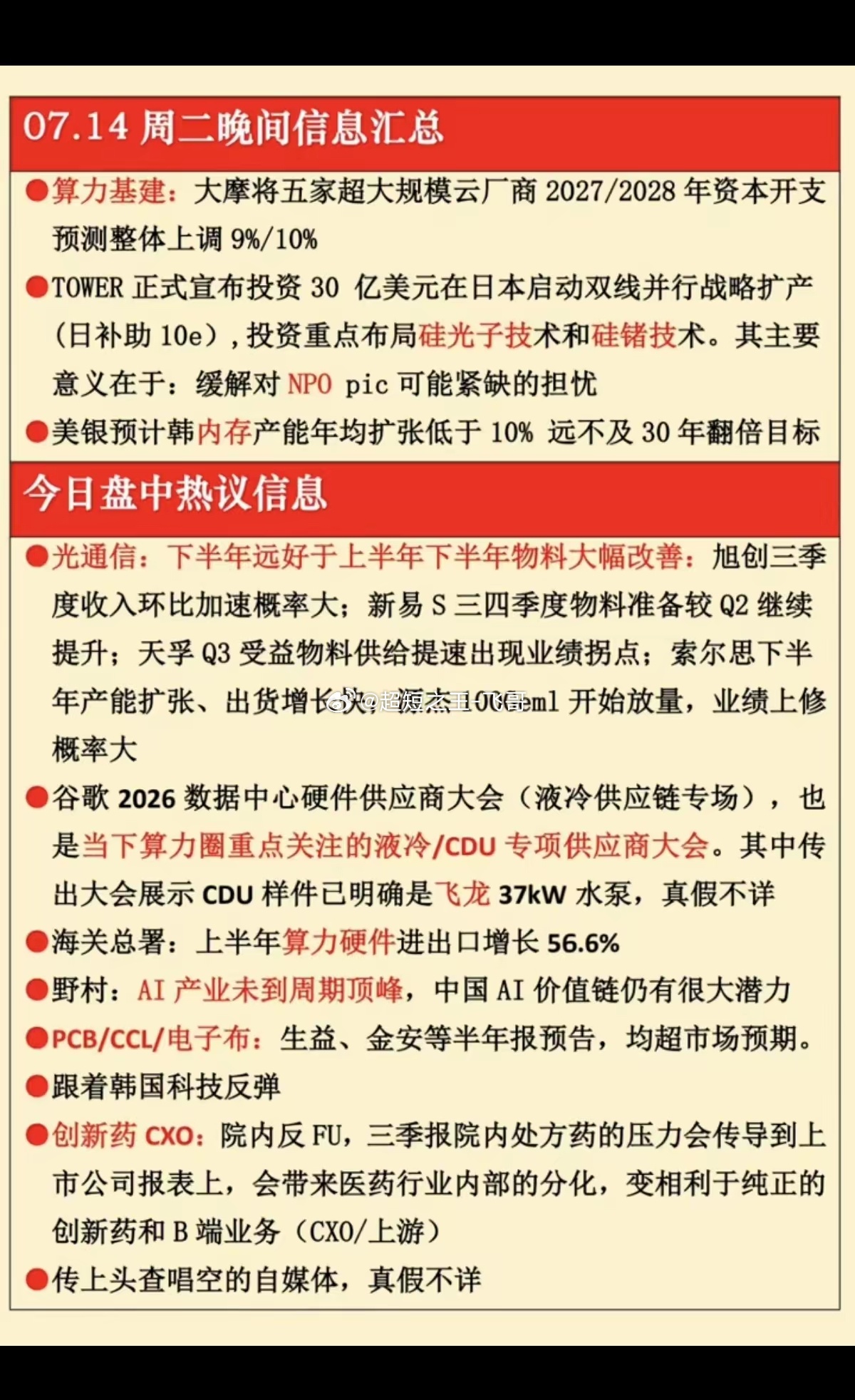 7.14周二  晚间：财经热点信息汇总！1.算力基建2.硅光子技术3.光通信4.