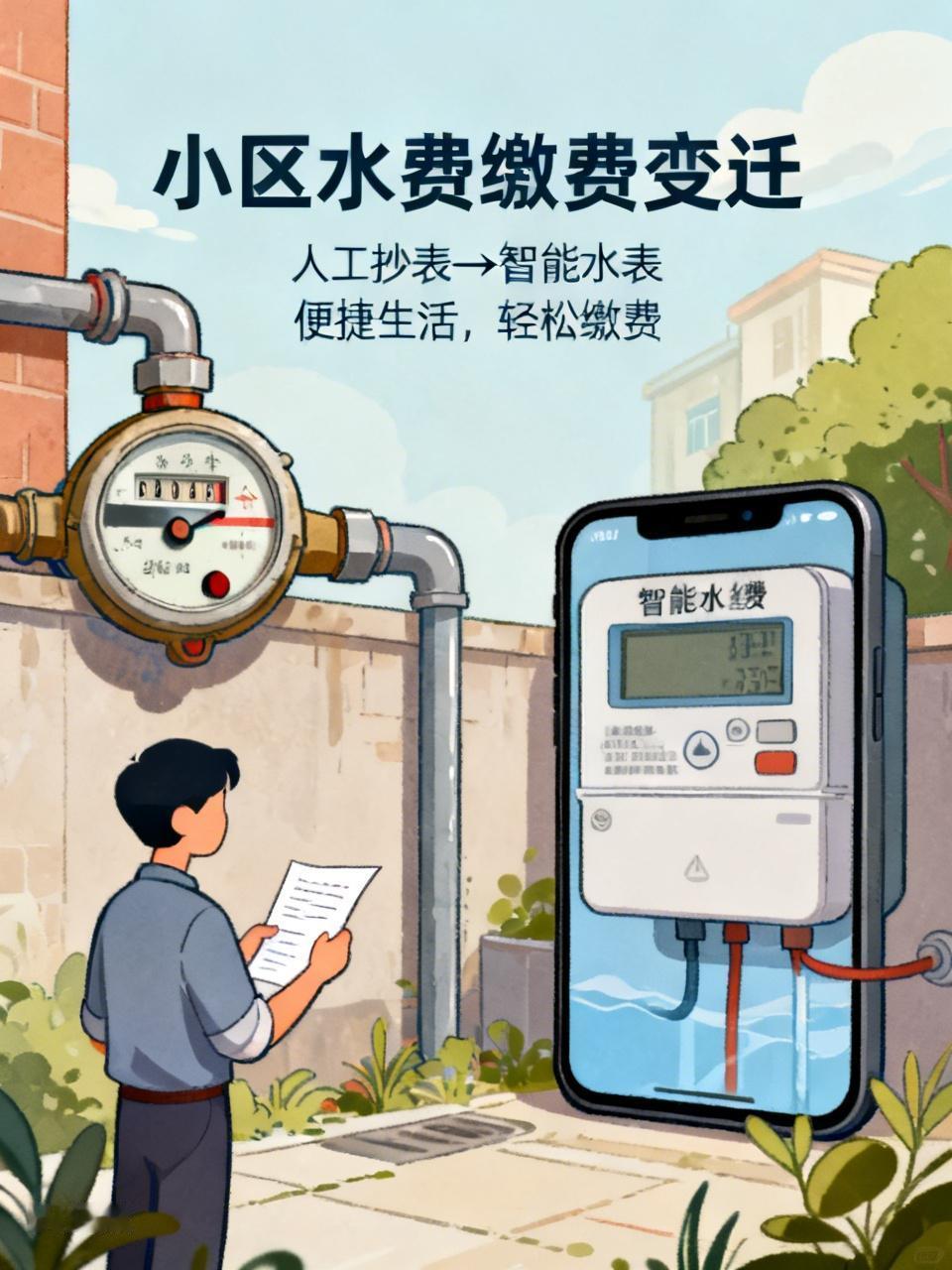 我住的小区交水费还挺方便的。之前是人工抄表，每个月抄表员会来记录水表读数，然后把