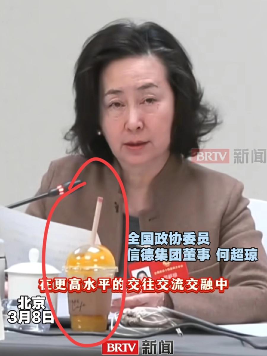 何超琼，会议发言，面前桌子上，还放了一杯黄色果汁饮料，包装年轻时尚，应该不是会议