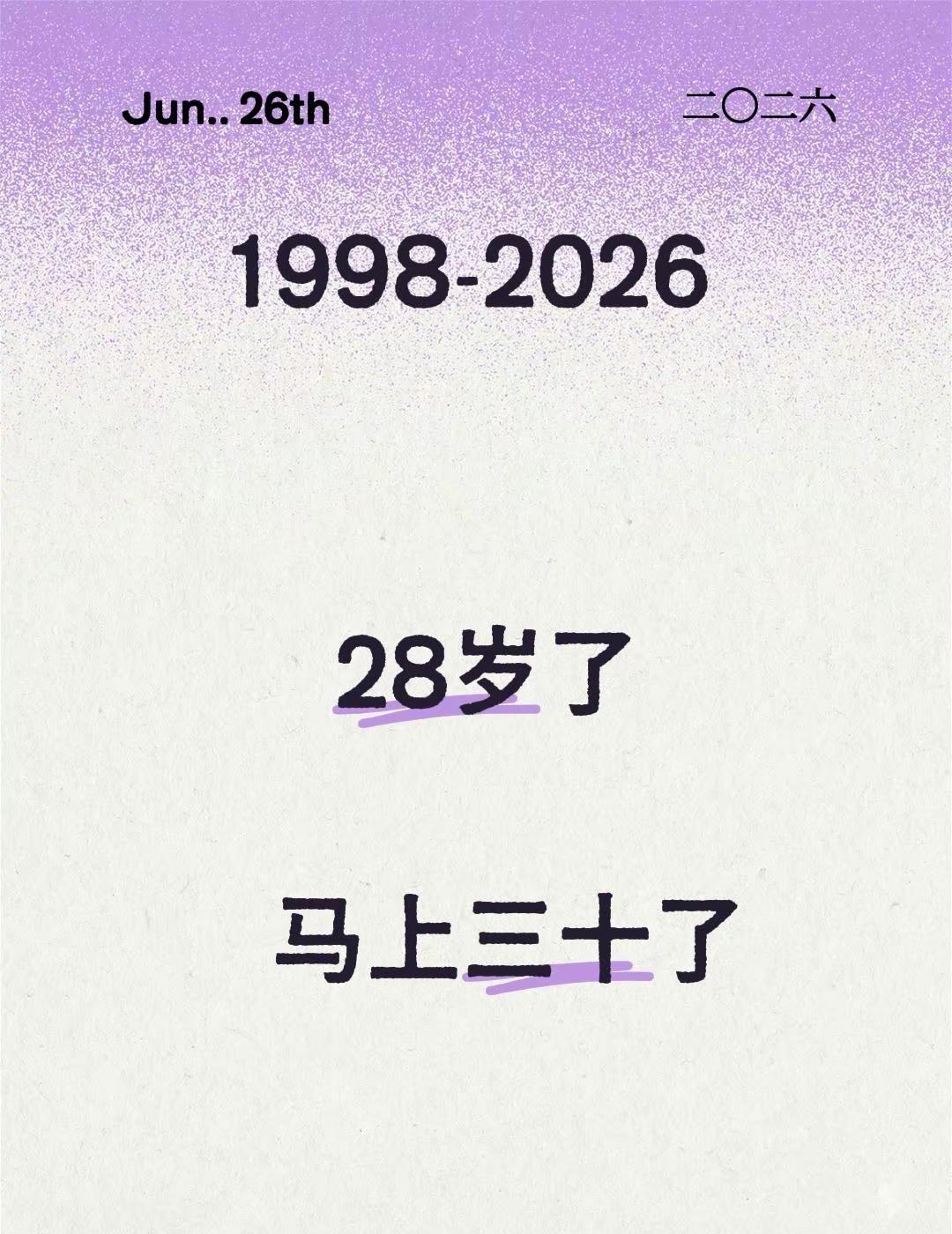 时间好快。1998-2026，28岁了， 马上三十了98年的虎 写给28岁的自己