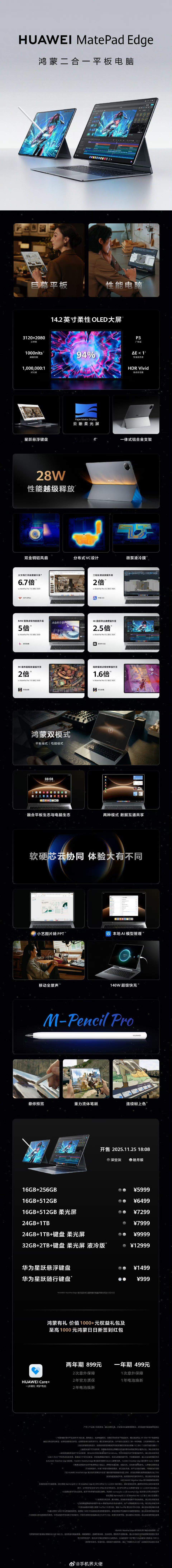 华为MatePad Edge鸿蒙二合一平板作为鸿蒙办公在平板与电脑双模式、生态交