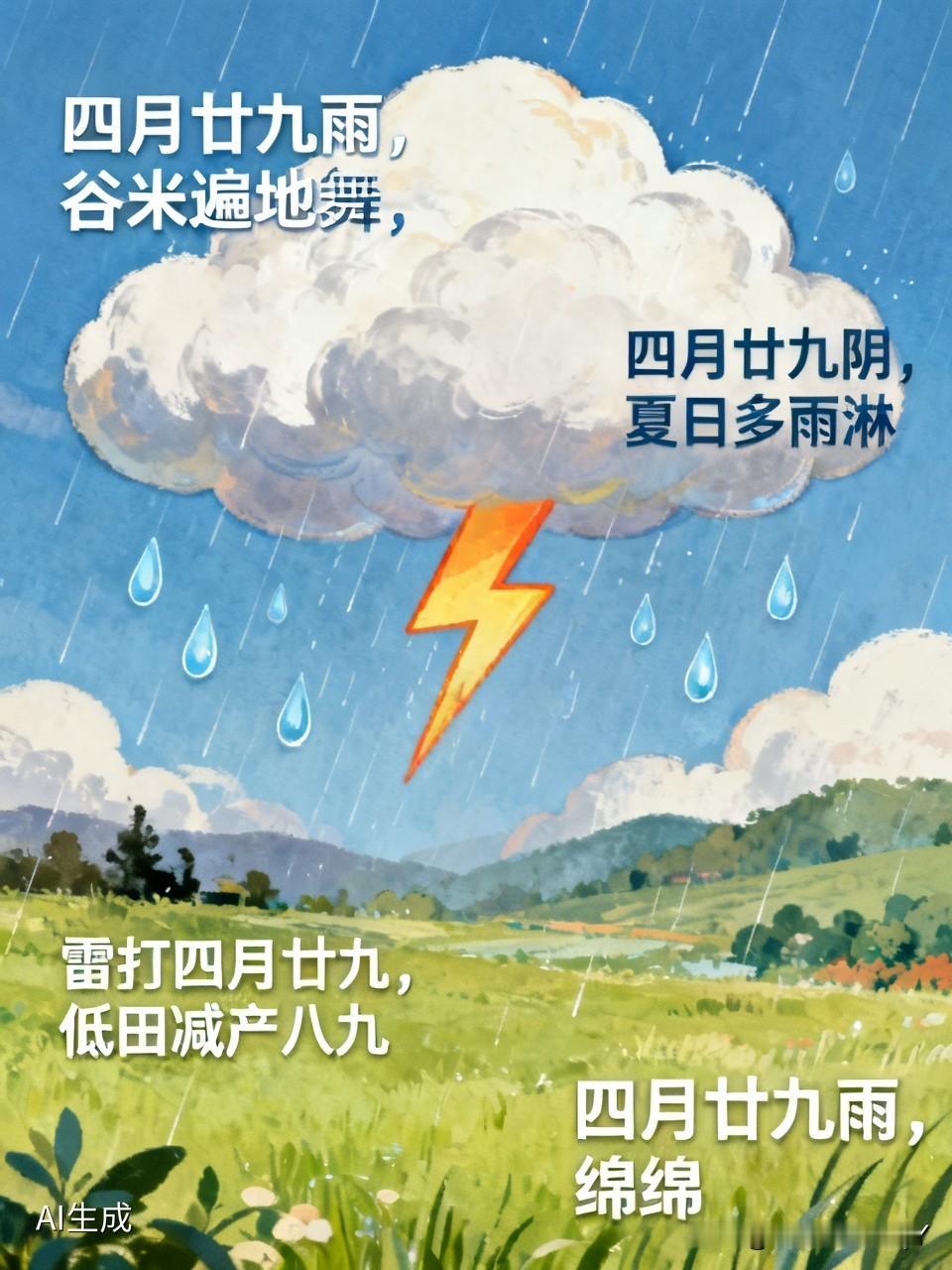 今天是四月二十九民间俗语有
 四月廿九雨纷纷，谷米满田似舞裙
- 四月廿九艳阳照