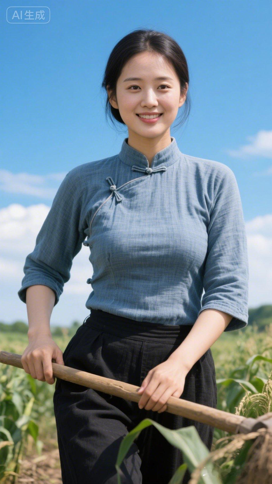 田园少女，微笑耕耘，自然之美。