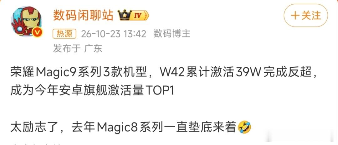 刷到这条消息有点意外又感慨，荣耀Magic9系列三款机型，激活量完成反超，拿下今