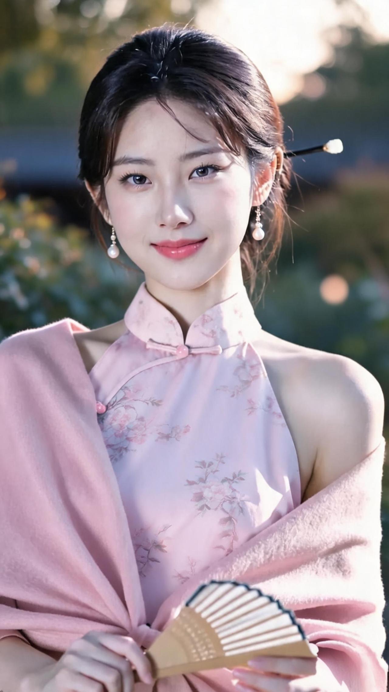 温婉古风少女，手持团扇，花枝招展，韵味十足。