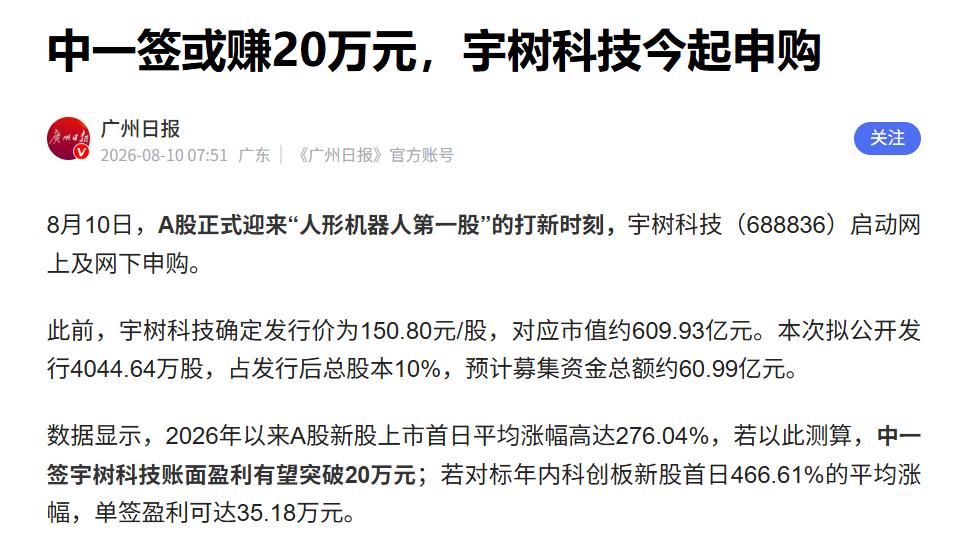 中一签或赚20万元，宇树科技今起申购

据媒体报道，今日“人形机器人第一股”宇树