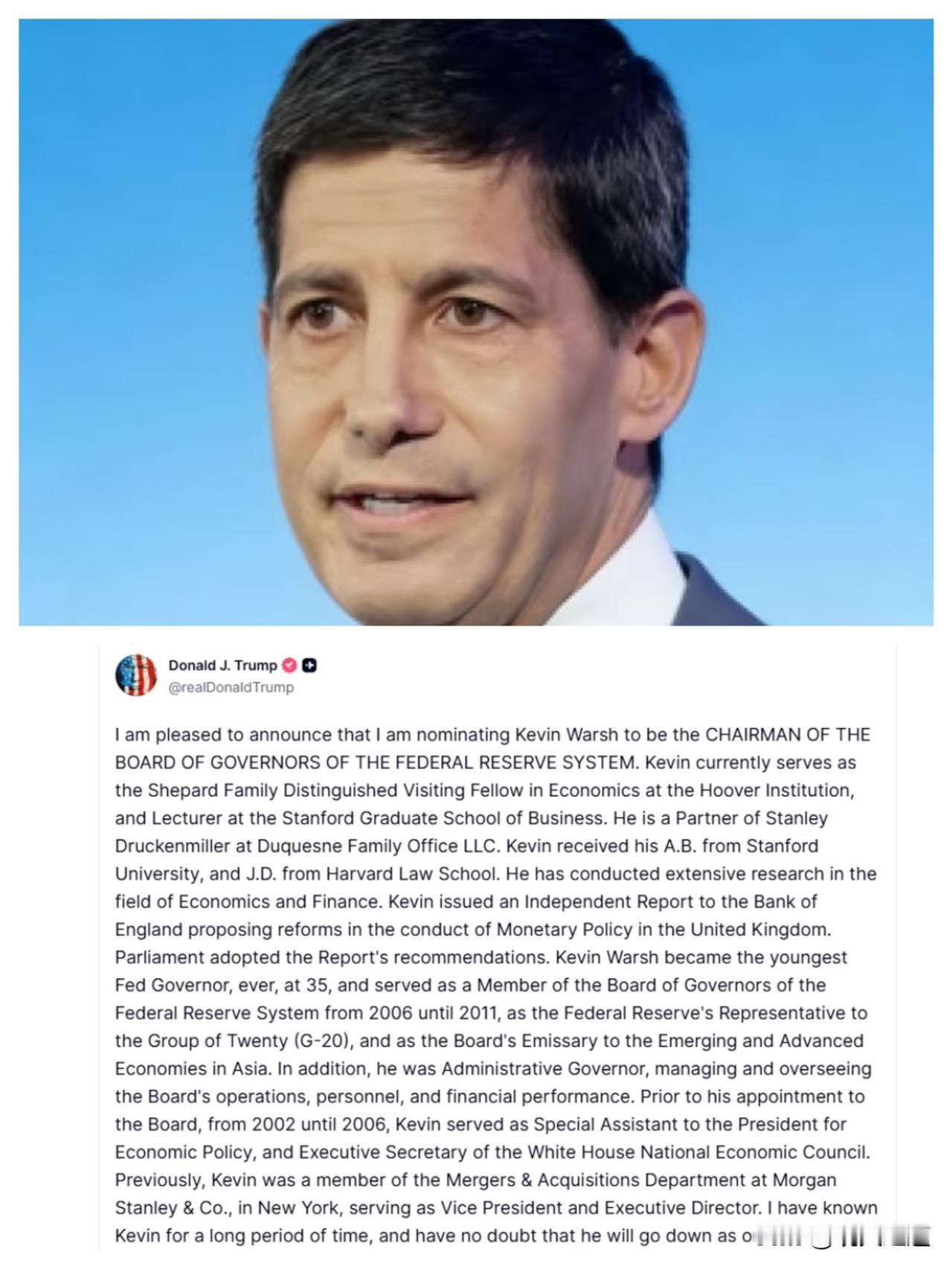 新华社快讯：特朗普宣布下任美联储主席提名人选
美国总统特朗普30日提名美联储前理