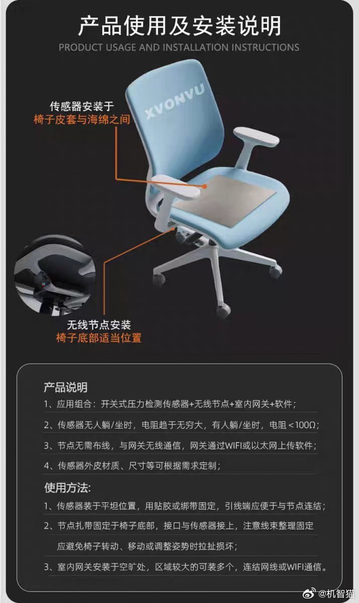 某公司开发的带监测功能的办公椅，可以利用椅身上安装的压力传感器和室内网关、后台管