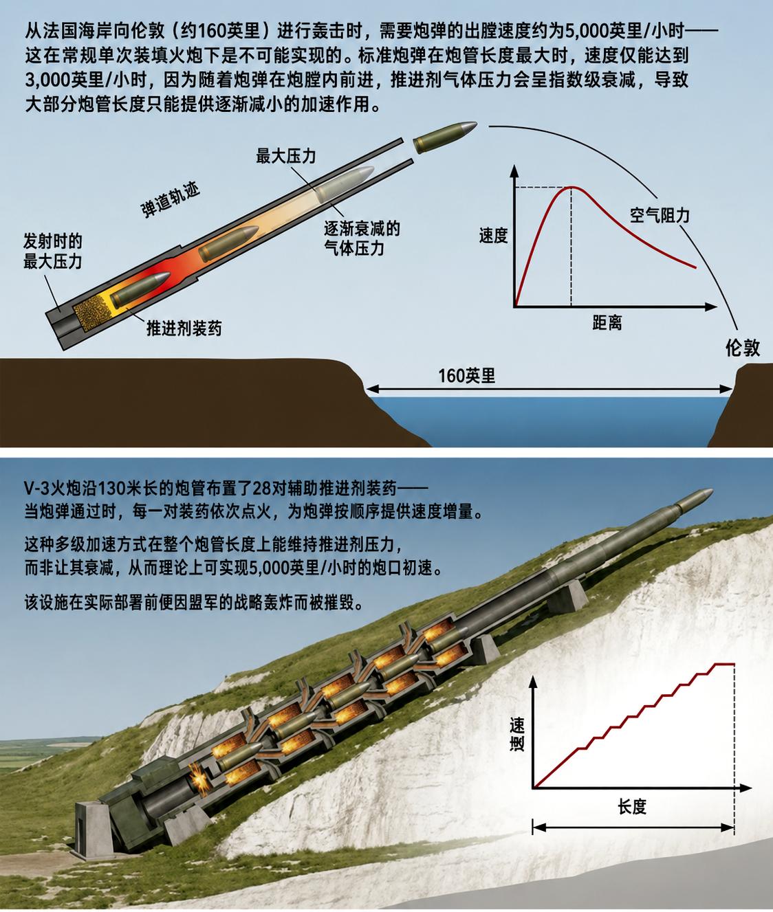 二战后期，纳粹德国为了轰炸伦敦，搞出了一个违背常规火炮逻辑的疯狂武器——V-3高