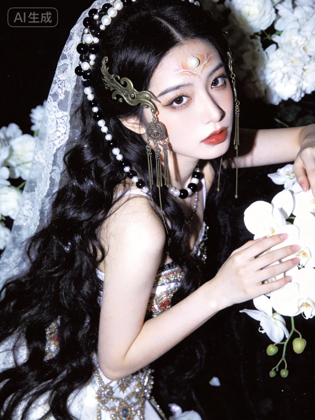 暗调花系场景，白色花簇背景搭配暗黑元素，营造神秘风氛围