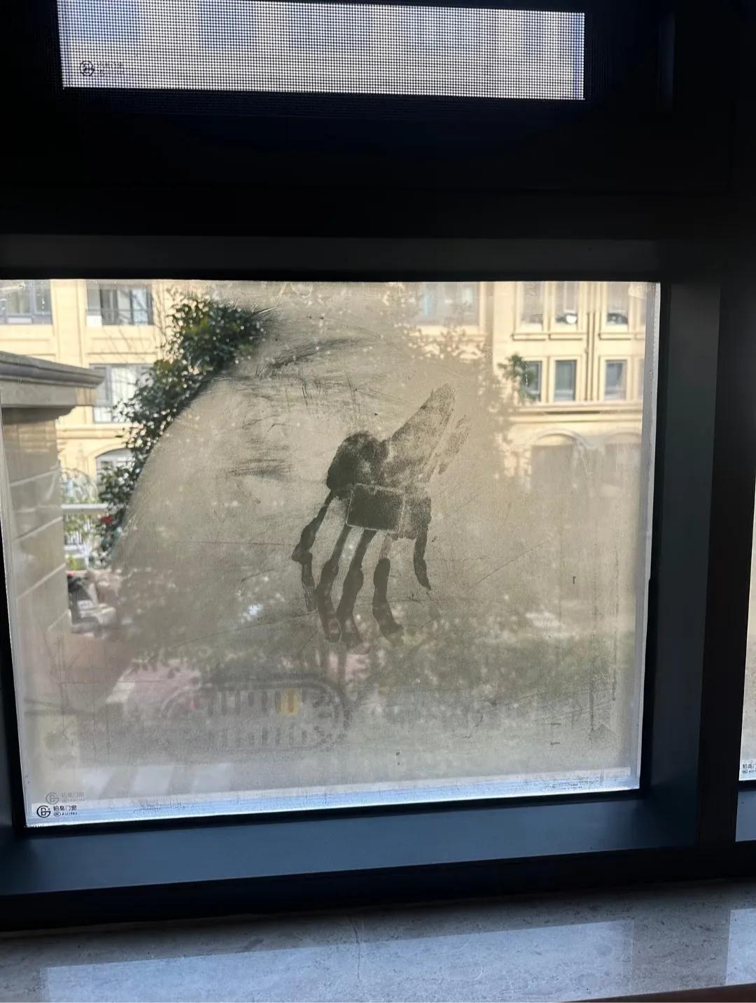 窗户上惊现恐怖手印！刚起床拉开窗帘看到的，吓我一跳！有人知道这是什么情况吗？