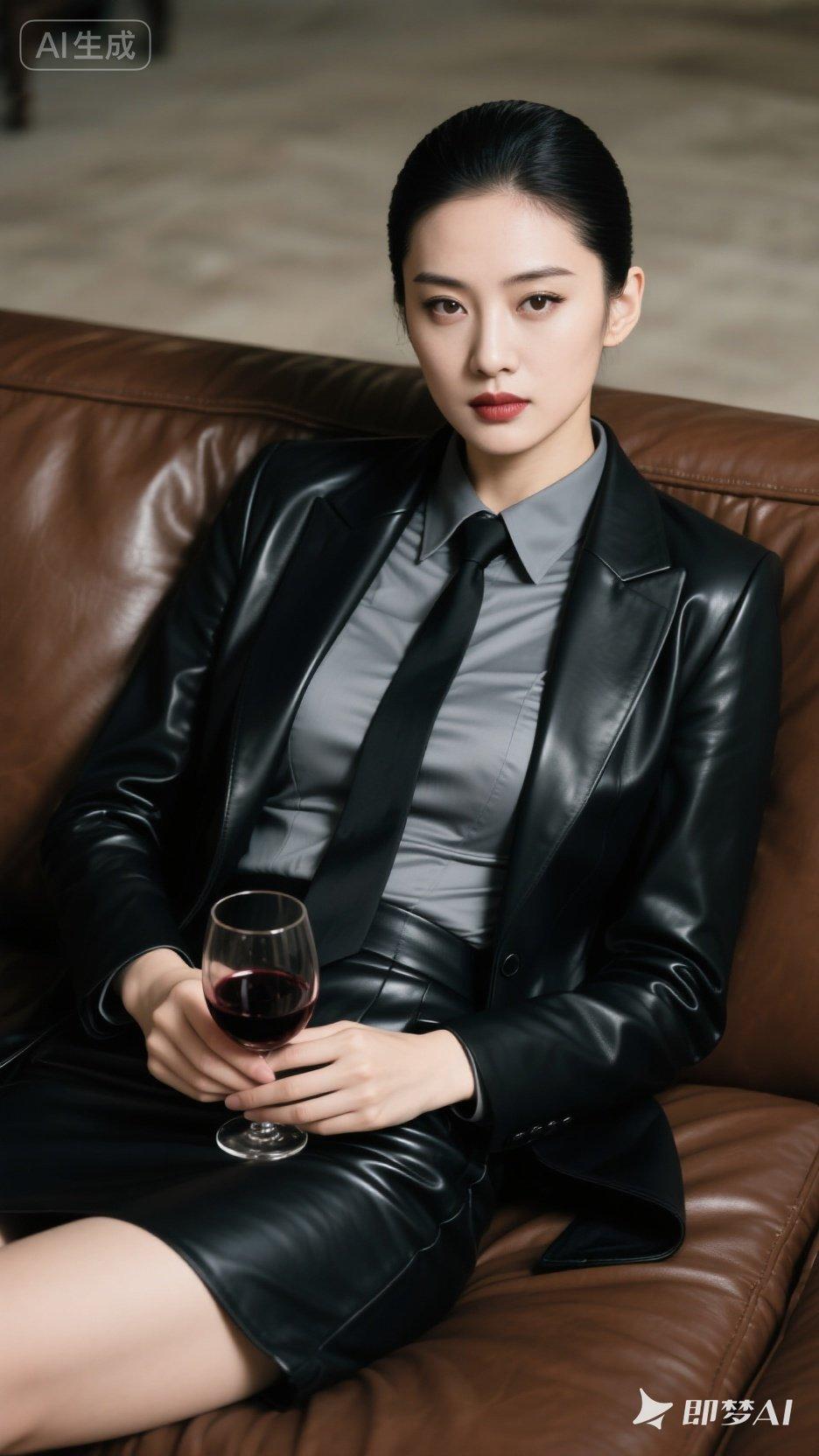 优雅黑皮衣，红酒相伴，都市女郎的时尚气息