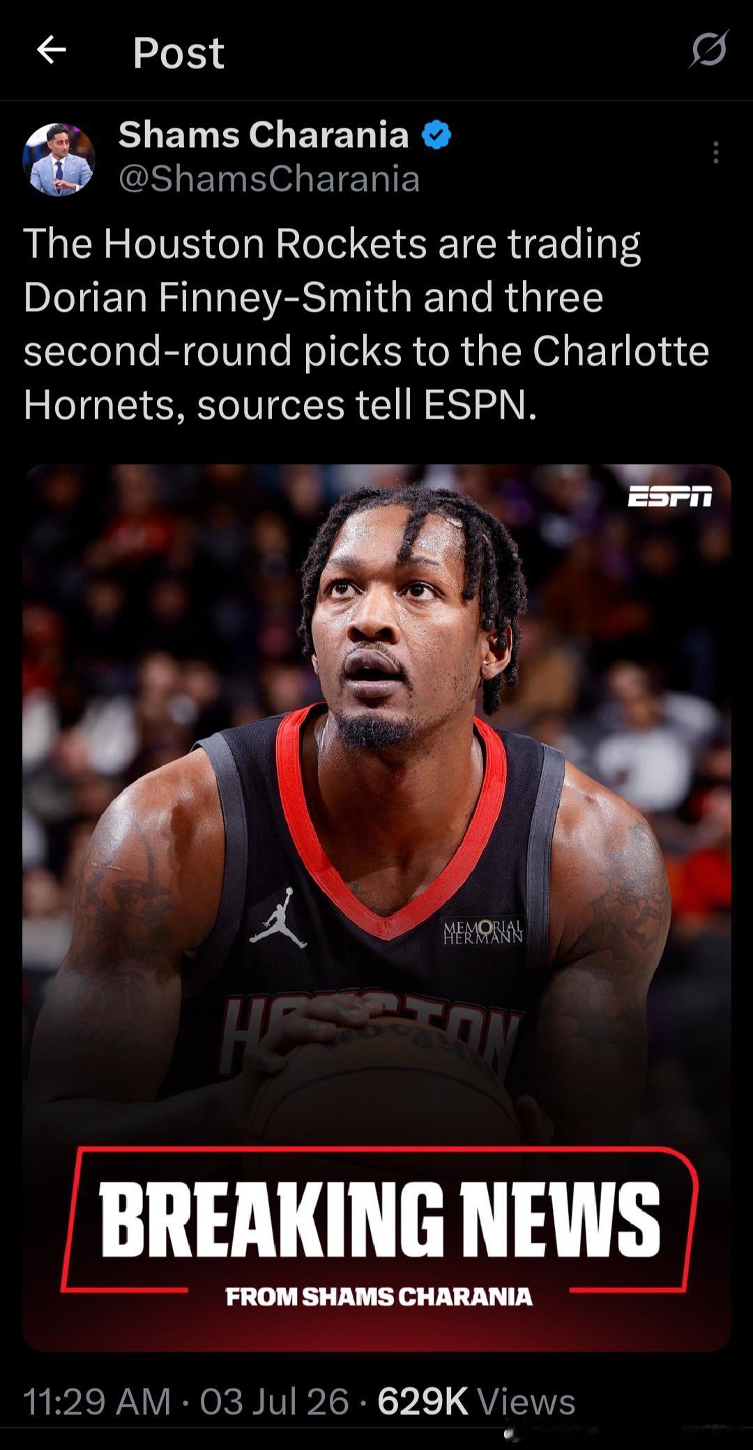 Shams Charania：消息人士告诉ESPN，休斯敦火箭把多里安·芬尼-史