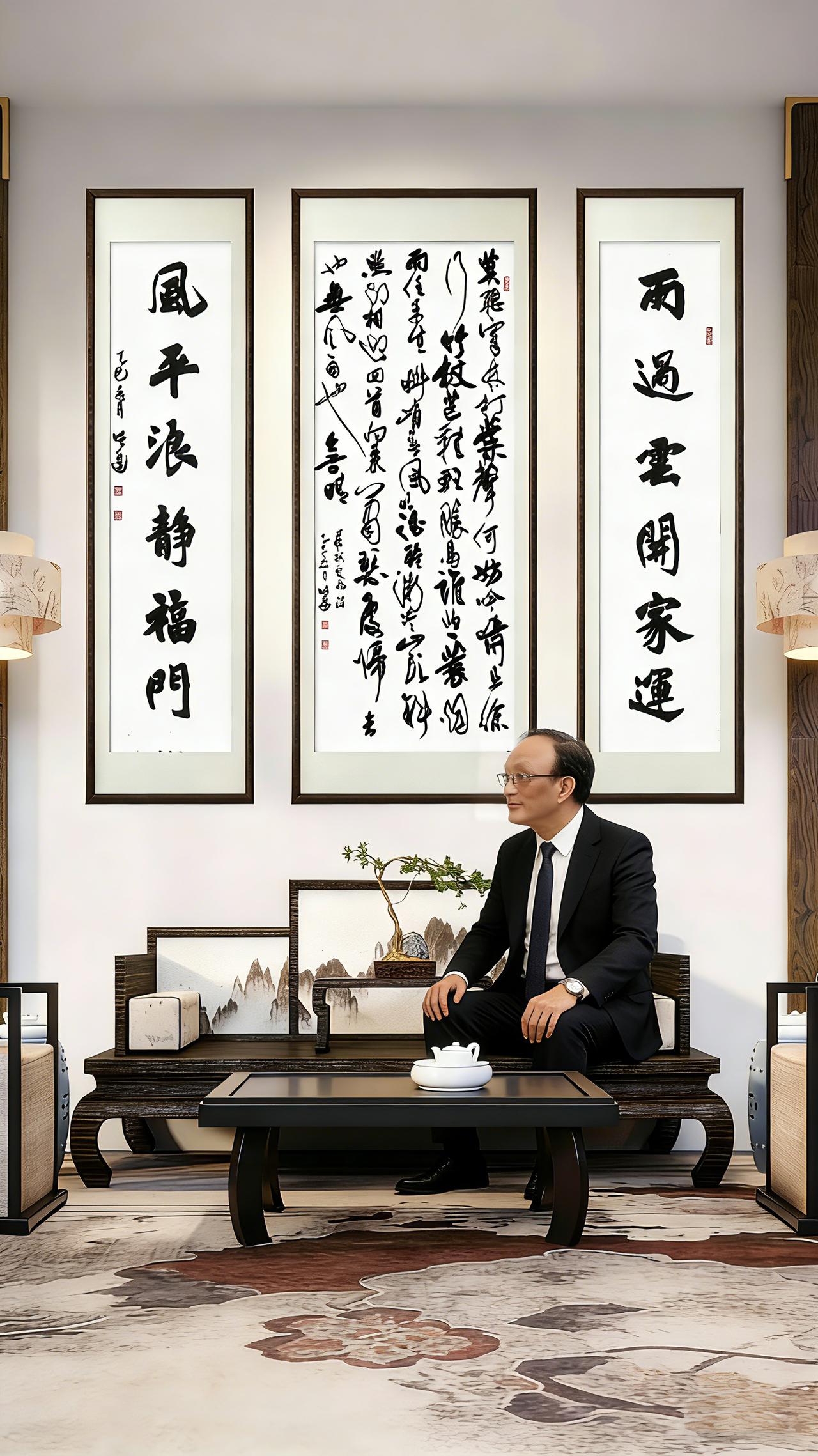 这套《定风波》书画中堂悬于书房意境绝佳，中间竖幅草书笔墨奔放洒脱，连绵起伏的线条