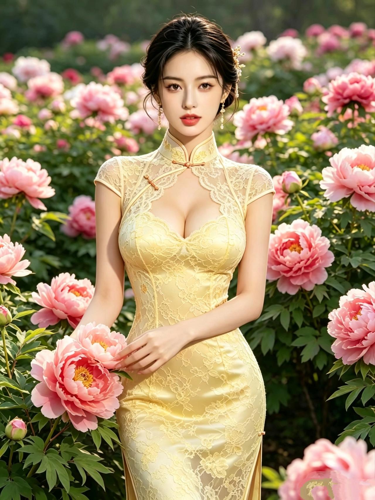 《黄衫旗袍牡丹吟》
 
金缕旗袍映艳妆，芳丛静立压春光。
千枝粉蕊凝霞色，一袭柔